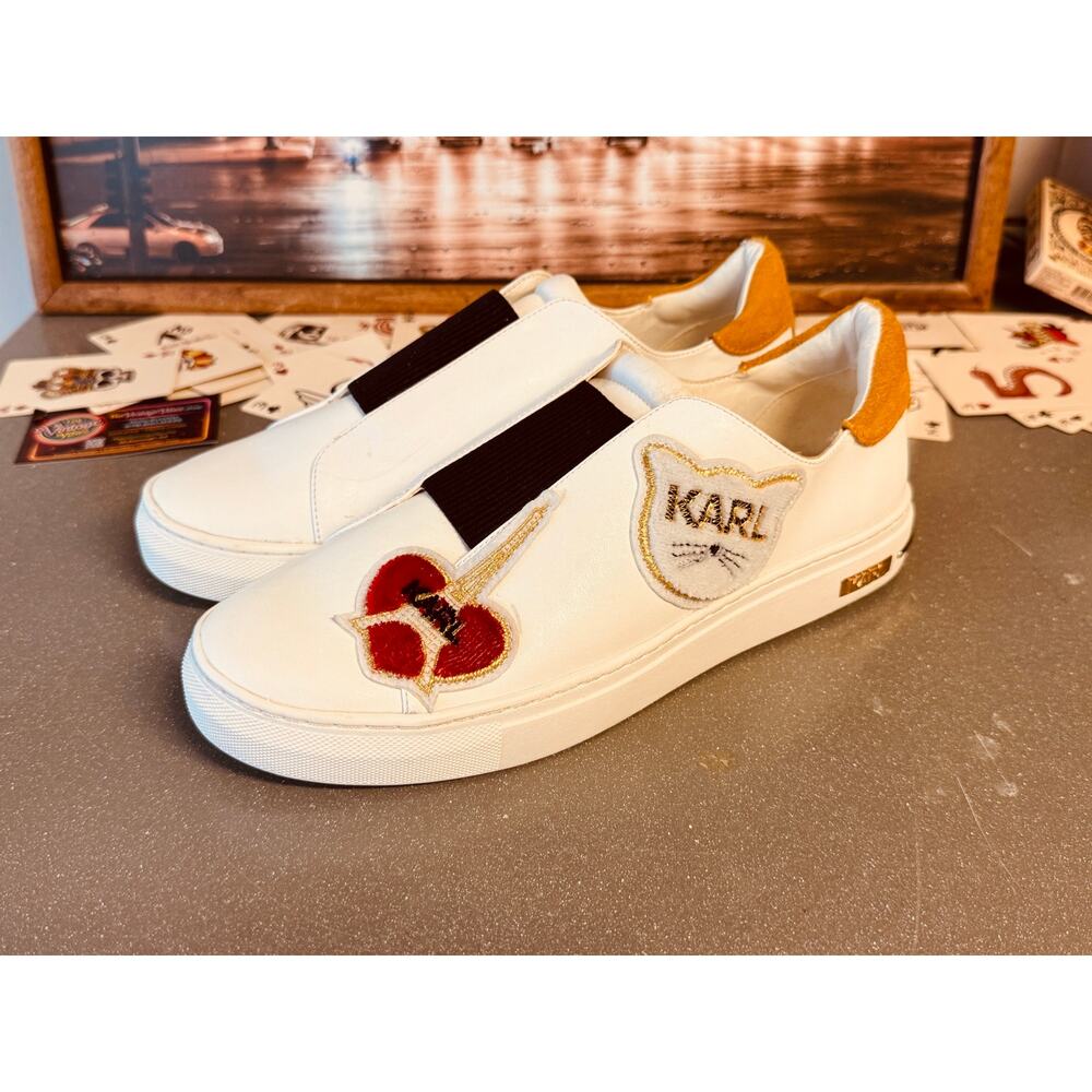 Karl Lagerfeld Paris Women’s Slip On Sneakers White Leather Cat Logo Patch 9.5